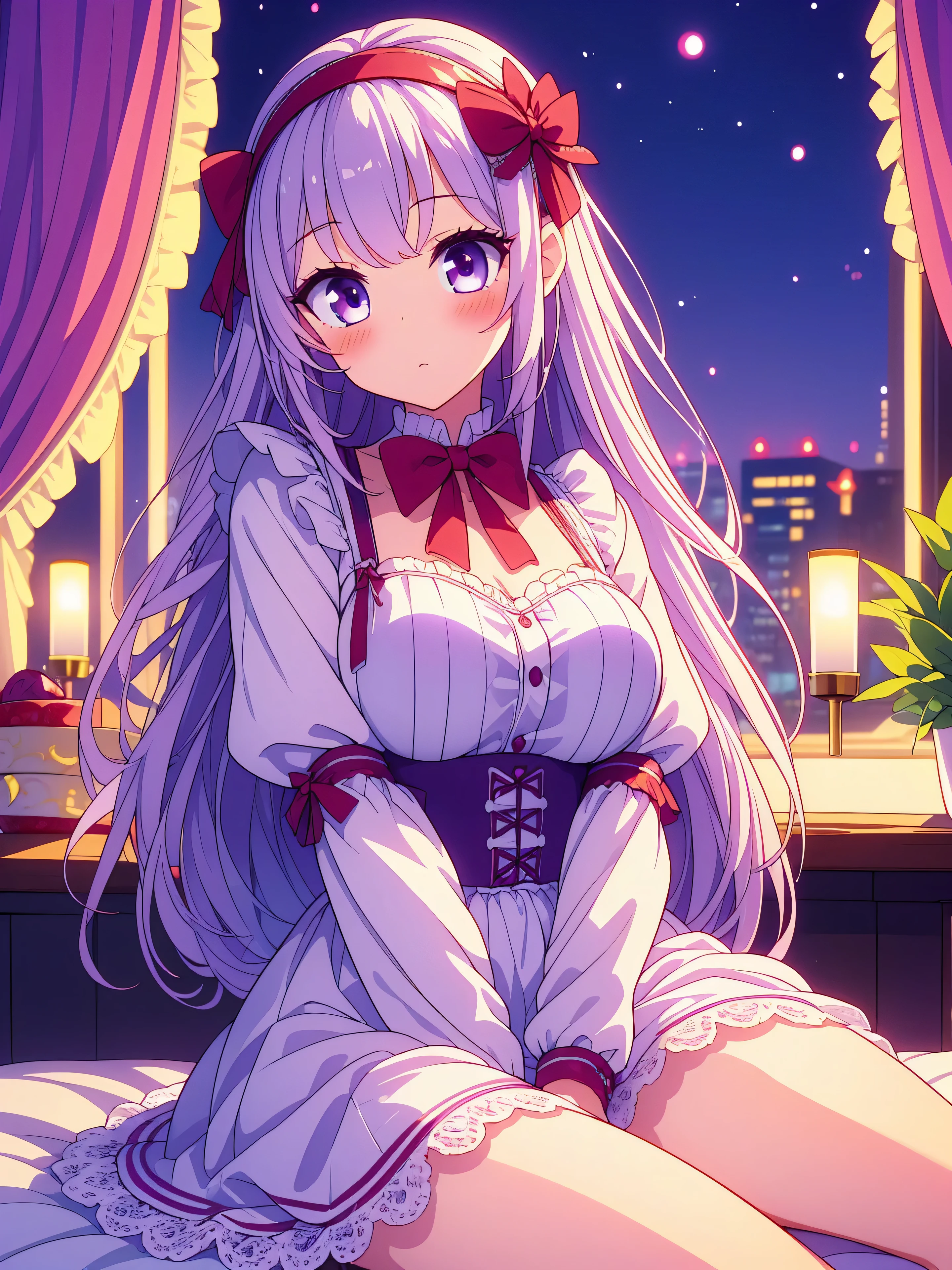 Highly detailed, high quality, masterpiece, beautiful, (all photo shooting, low angle), girl student, perfect eyes, red eyes, light eyes, blushing face, happy face, sitting, with thighs open, big thighs, medium breast, short stature, long hair, lilac hair, with bracelet on hand, bow in hair, headband, wearing short maid outfit, with panties stuck between vagina, shows full panties, sexy, background image on a bed at night almost naked