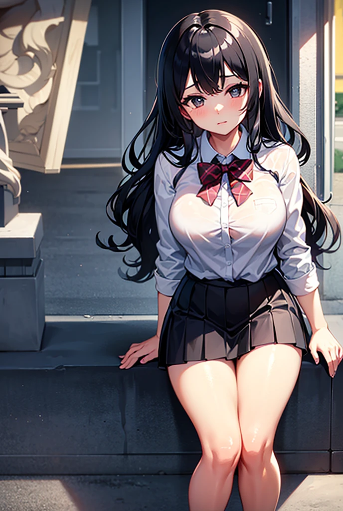 (Highest quality,High resolution,Beautiful attention to detail,White lighting:1.2),Red eyes, View your viewers, Long Hair, Black Hair, Knee-high boots, Black footwear, blush, Sitting, Long sleeve, bangs, Part your lips, Black Hair, dress, Raise your knees, Brown Hair, white skirt, Frills, skirt,Thighs, Side Lock,(Panty shot:1.5)