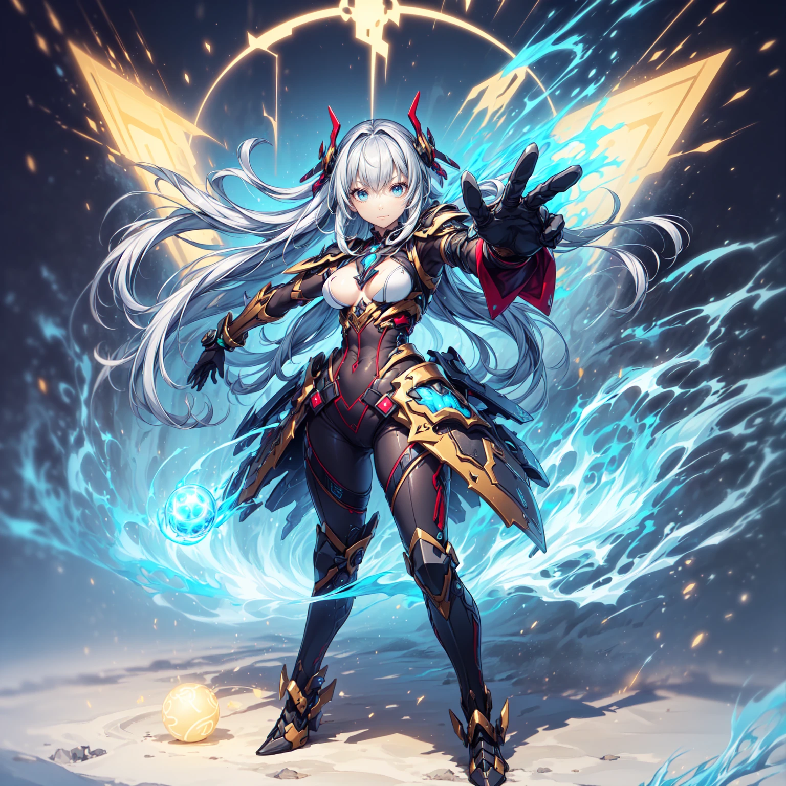 (((Best resolution, Textured skin, high quality, Precise CG unification, game CG))), (One adult woman), Are standing, (action pose: 1.4), dynamic angle, high priests, magic circle, activating magic, smile, Hair Ornament, white fullbody costume, Holding a wand,