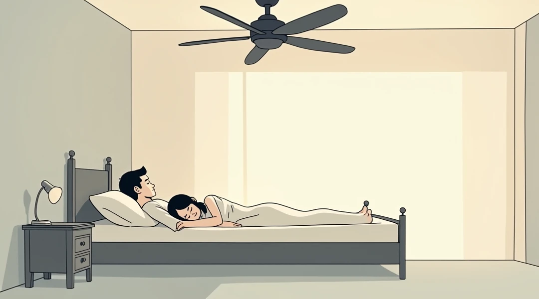 Create a cartoon image of a raised bed with people sleeping and a loud alarm clock.