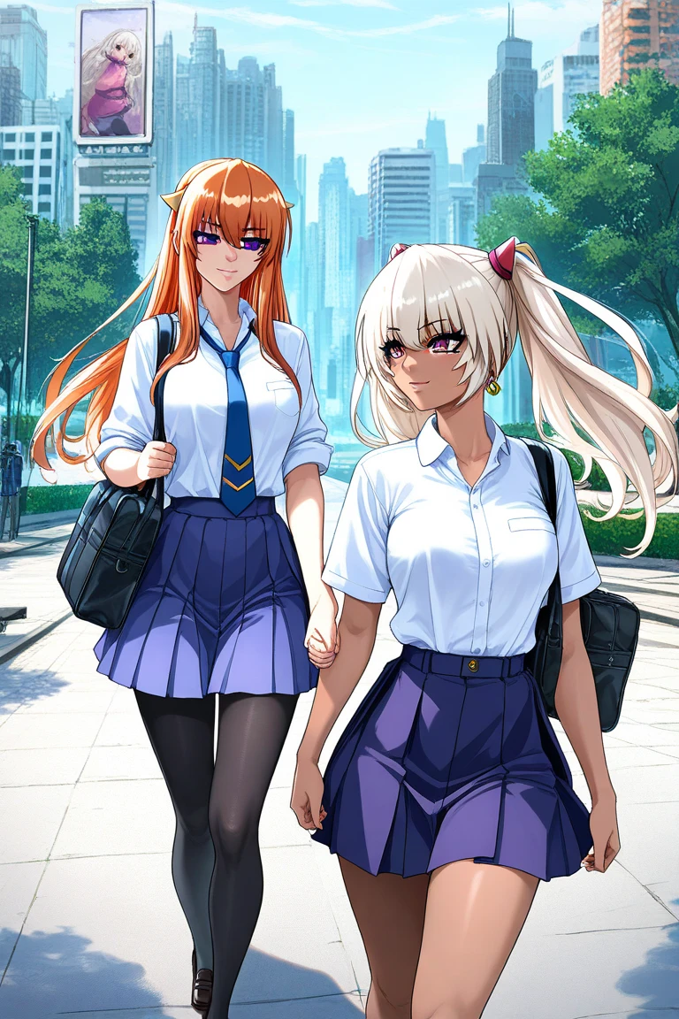 (masterpiece:1.2),(Highest quality),(Very detailed),(High resolution),8k,wallpaper, semi-realistic, anime realistic,  long hair, make up, (Perfect Eyes),  Earrings , Long eyelashes ,  Maya Cordelia, long hair, orange hair, violet eyes,  outdoors, day, park, holding hands, walking, cowboy shot, cyberpunk city, school uniform, white shirt, nectie, blue skirt, black pantyhose, loafers,  smile, BREAK, 2 girls, Kila Kushan, dark-skinned female, long hair, white hair,  twintails,