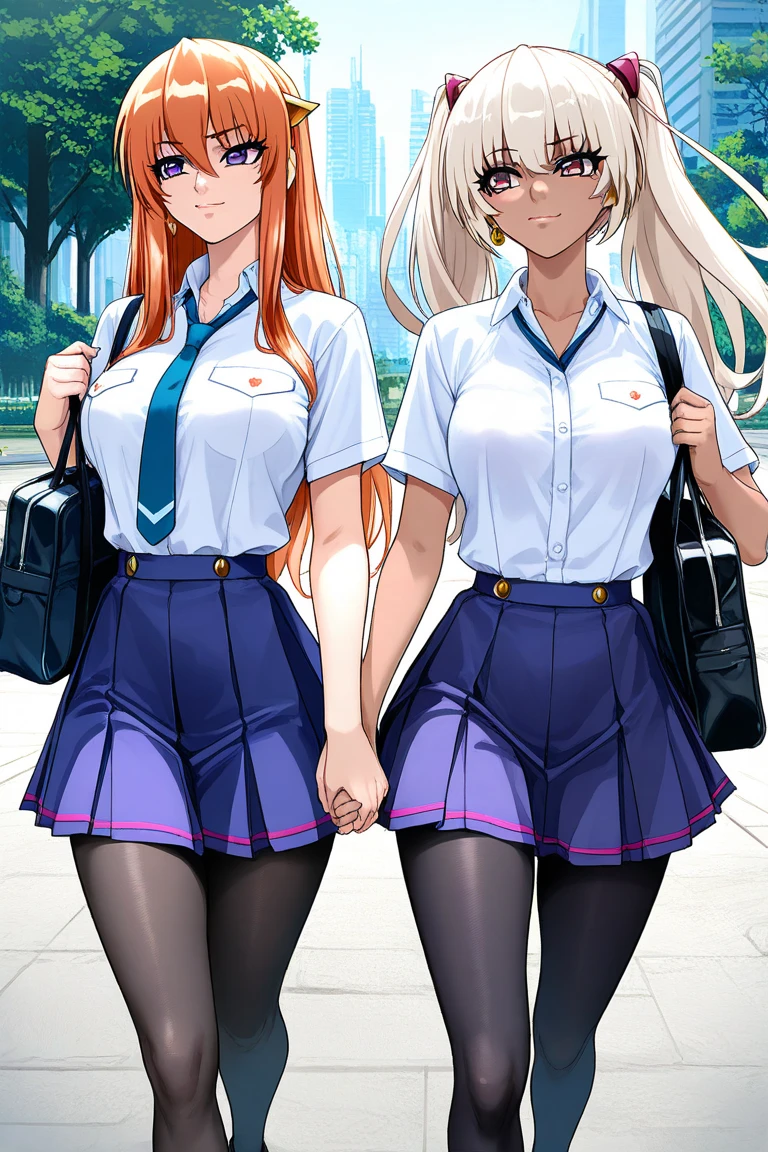 (masterpiece:1.2),(Highest quality),(Very detailed),(High resolution),8k,wallpaper, semi-realistic, anime realistic, long hair, make up, (Perfect Eyes), Earrings , Long eyelashes , Maya Cordelia, long hair, orange hair, violet eyes, outdoors, day, park, holding hands, walking, cowboy shot, cyberpunk city, school uniform, white shirt, nectie, blue skirt, black pantyhose, loafers, smile, BREAK, 2 girls, Kila Kushan, dark-skinned female, long hair, white hair, twintails,