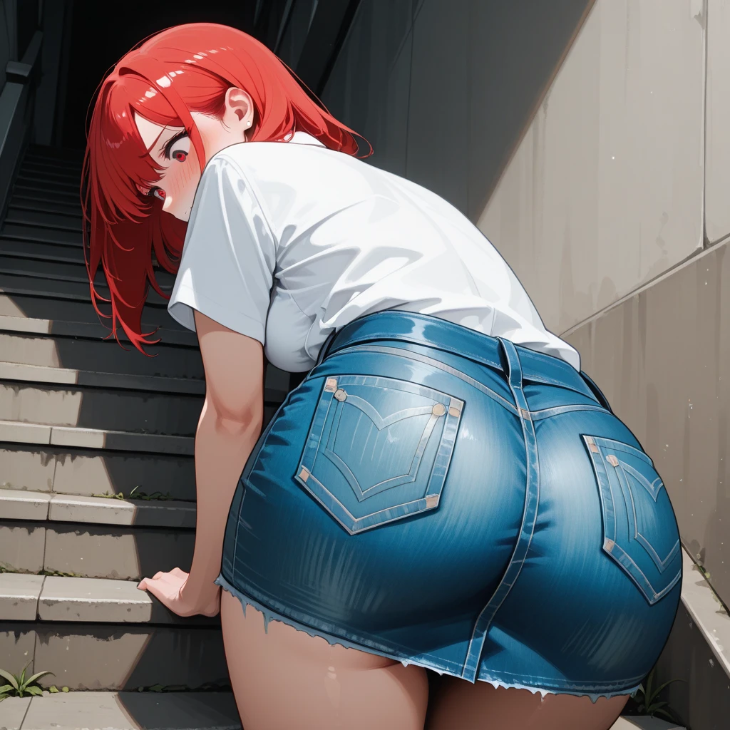 (((climbing stairs crawling from back side))), blue eyes, redhead hair, smile, naked, completely nude, A 18-years-old girl with twintails high bob hair style fringe, and fair skin, Waist up view, full body, wide hips, cinematc, 8k, enhaced,
