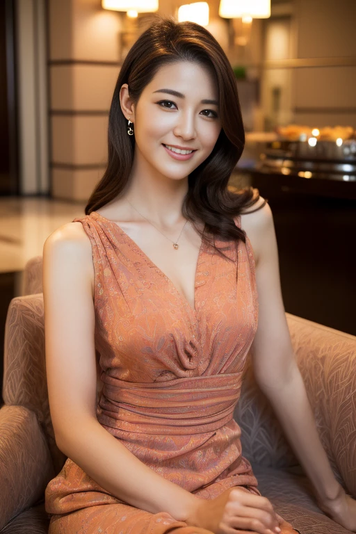 (Raw Photo), (Photorealsitic), (Masterpiece), (Best Quality), High Resolution, 8K, (Intricate Details), (Voluminous Light), Portrait, Female, (50 Years Old), Medium Straight Hair, layered hair, brown hair, very fine eyes, source order, very fine eyebrows, very fine skin, very fine mouth, very fine nose, cute like an idol, happy smile, (thick lips), (looking at the viewer), (Elegant Transparency Magenta Short Sleeve dress), waist shot, (Random body turning posture),