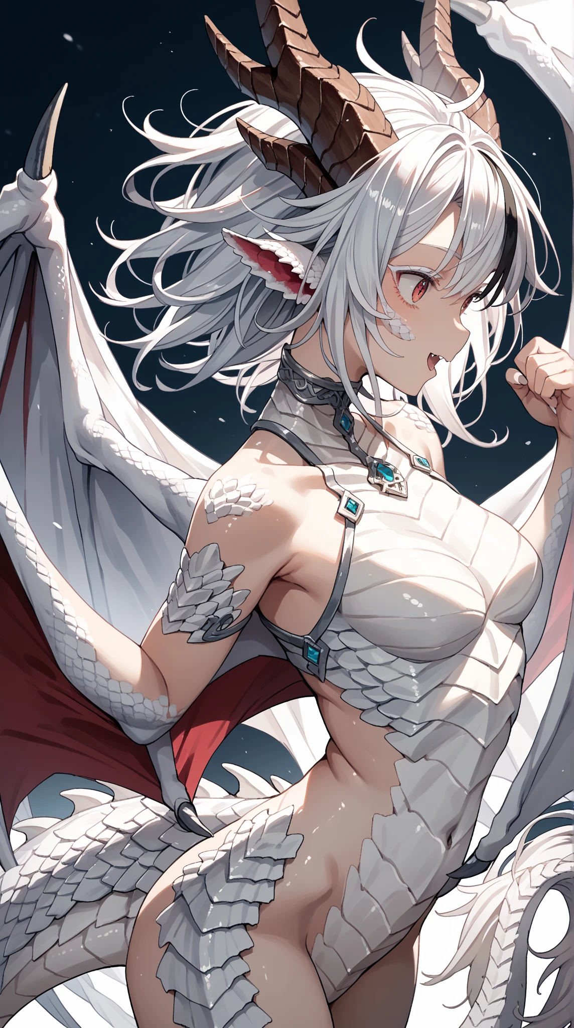top-quality、lighting like a movie、Winter sky、white dragon girl flying in the sky、blue sky、White hair、red eyes、Dragon horns、a miniskirt、bikini-armor、spread the dragon's wings、