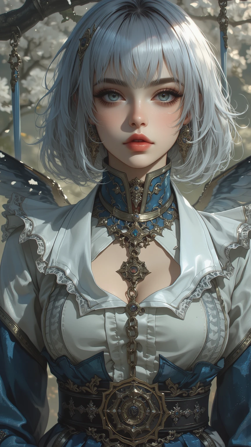 High definition RAW color art, 1womanELF,beautiful ,Animation,sculptures, Silver Marble Skin, (((Ultra detailed elegant))), Magical atmosphere, Detailed skin, Texture,(Intricately detailed, Fine detail, ultra-detail art), depth of fields, Bokeh, Silky Touch, Hyper Detail, Matte Drawing, (gear factory), beautiful eyes, elegant face, neon light, cute breast, looking sideways,
