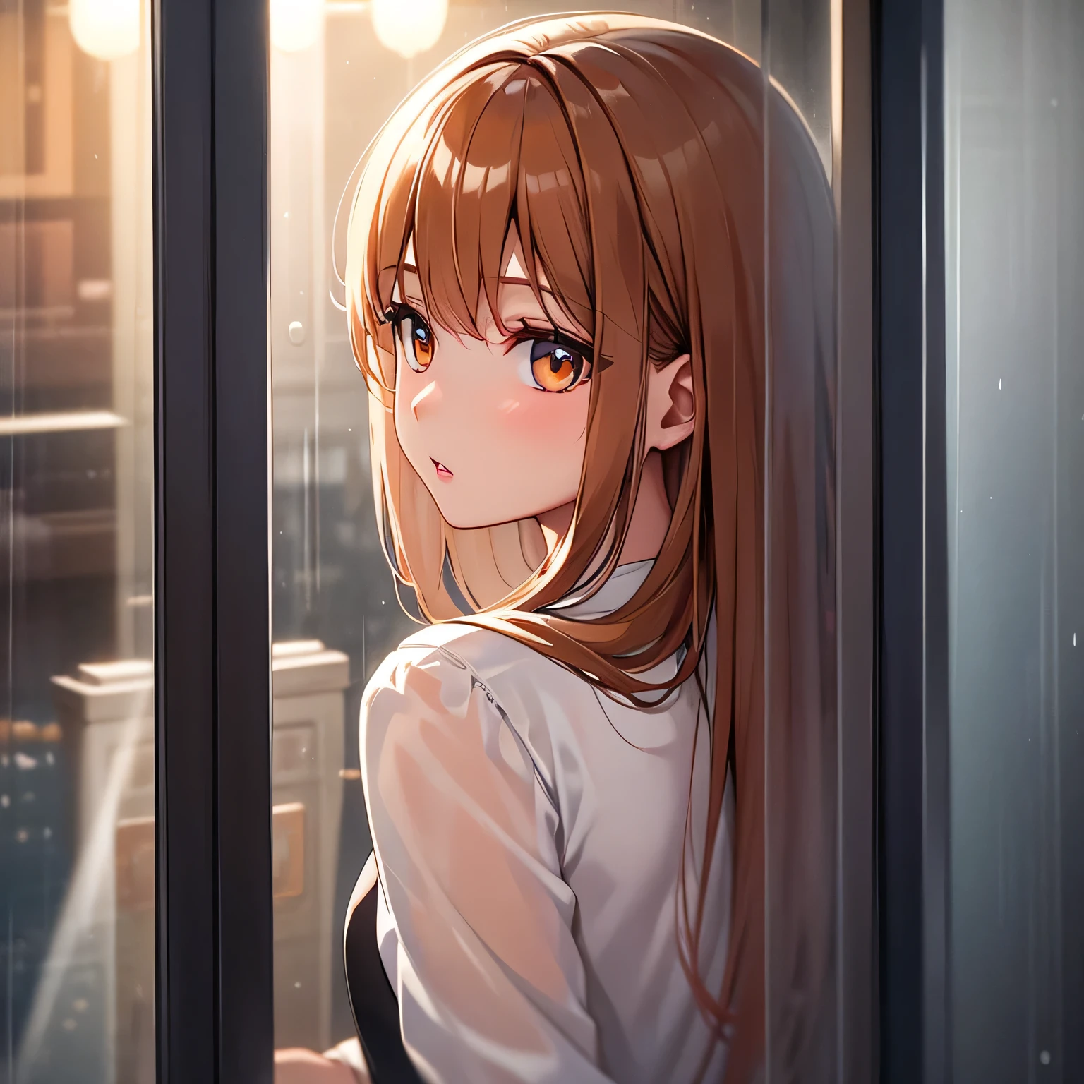 Window glass slamming with rain、back view of a woman looking at herself reflected in glass、Perfect Makeup and Shiny Lips、it's night outside the window、European residential area with only orange street lights、