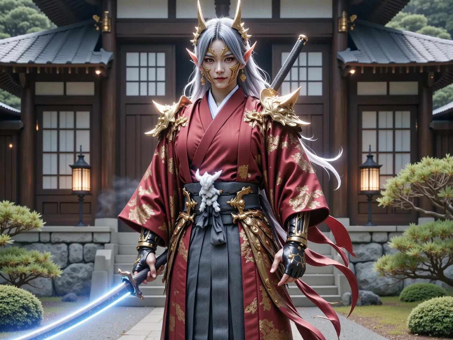 (Female ghost attendant)、demon mask,Super beauty,Solo Adult Demon Woman、Like the whole body、(Armed with a large Japan sword)、Mature breast big female demon.Stand facing the front,Demon Armor,magnificent artwork、((Kyoto Panel Painting Style))、Wind-effect:1.9、Cloud Effects:1.2、Full Rendering、Encaustic Painting,unrealengine,