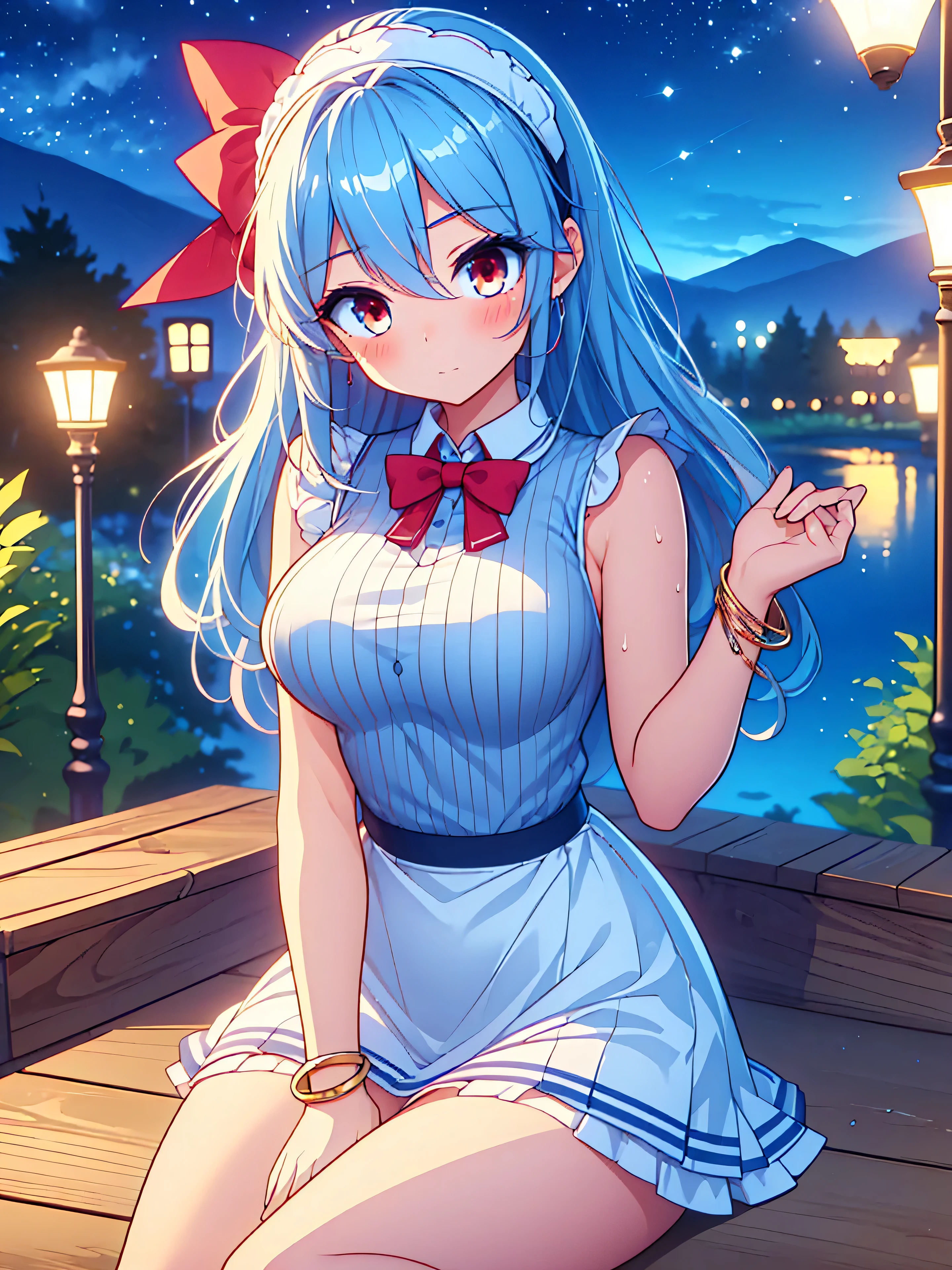 Highly detailed, high quality, masterpiece, beautiful, (all photo shooting, low angle), girl student, perfect eyes, red eyes, light eyes, blushing face, happy face, sitting, with thighs open, big thighs, medium breast, short stature, long hair, light blue hair, with bracelet on hand, bow in hair, headband, with short maid outfit, with panties stuck between vagina, shows full panties, sexy, background image on a bridge over a river at night