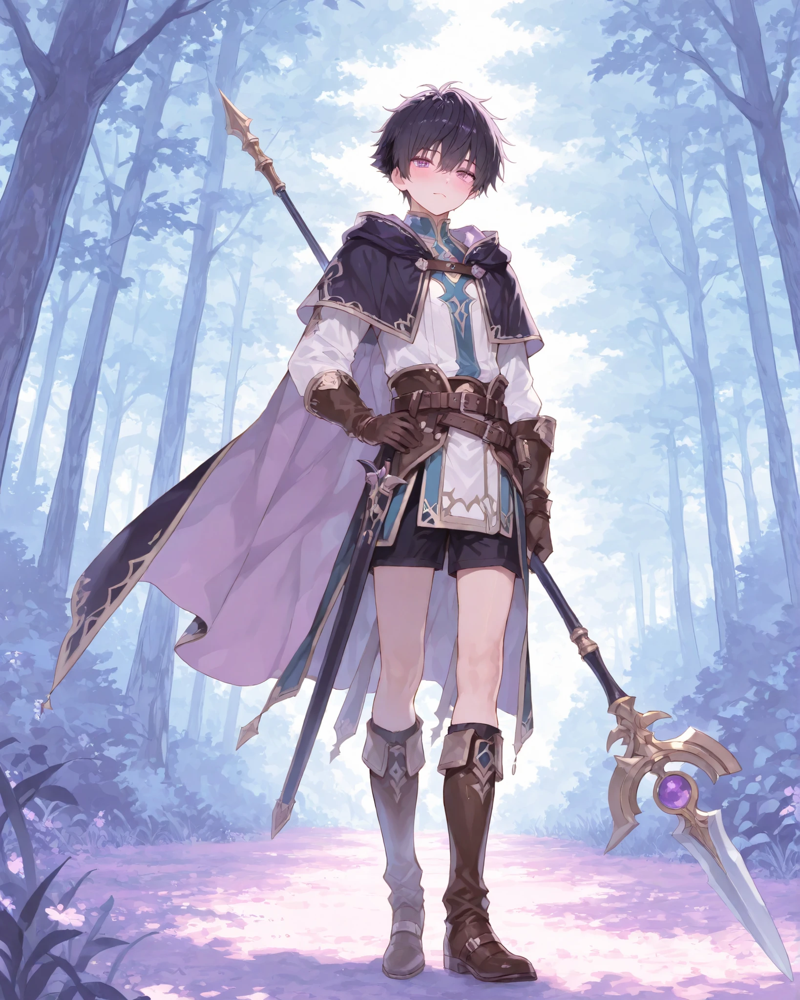 masterpiece, best quality, Amazing Quality, pastel color, cute face、1 male、tall、short hair、black hair、PURPLE EYES、full body、Wizard、forest、standing、beautiful、fantasy、