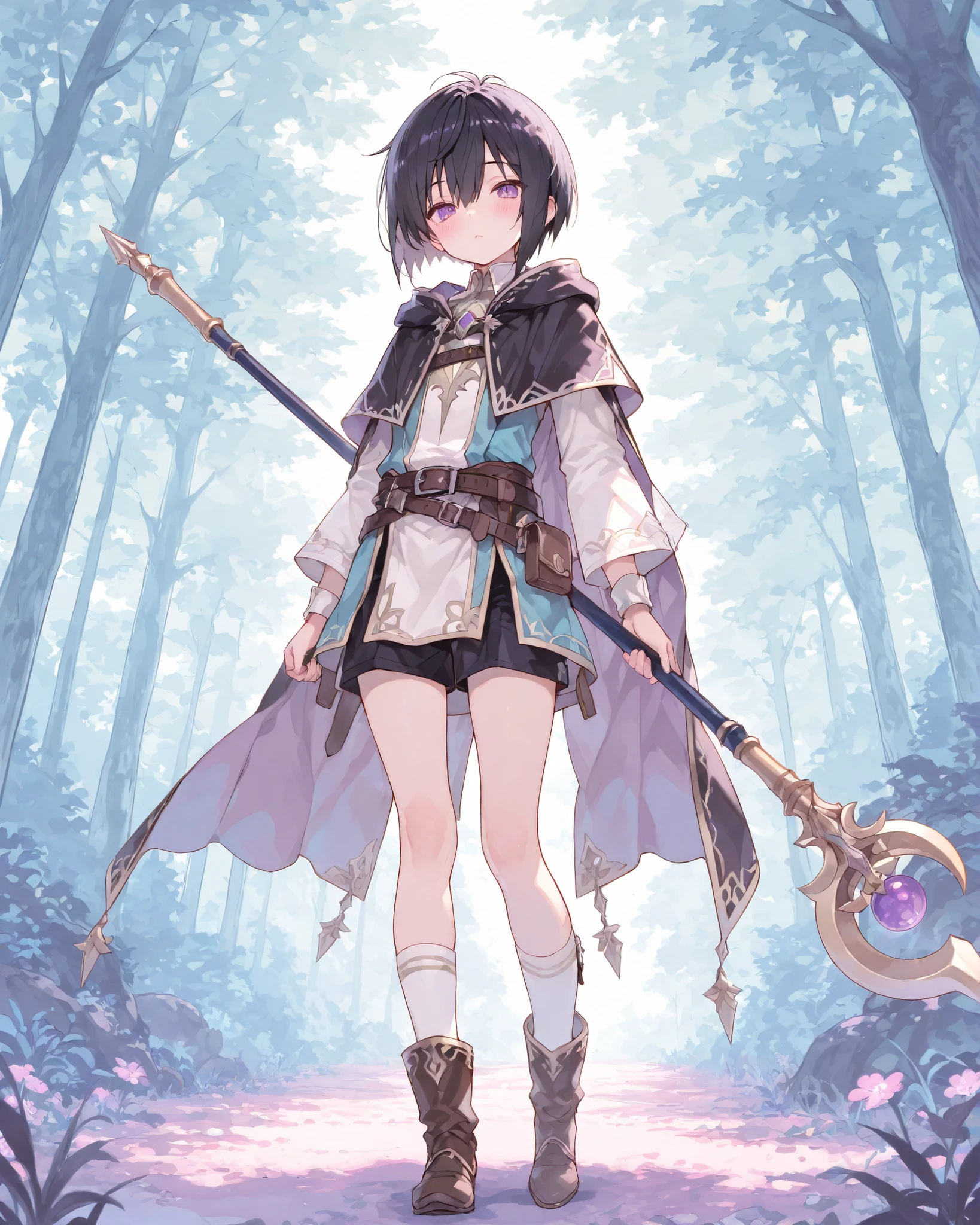 masterpiece, best quality, Amazing Quality, pastel color, cute face、1 male、tall、short hair、black hair、PURPLE EYES、full body、Wizard、forest、standing、beautiful、fantasy、