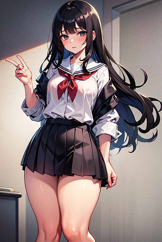 Long haired black-haired girl wearing white panties with ribbon that opened legs and cut into crotch, Moriman, crab crotch, sheer areola, legs open at M, taken from below, butt meat, panties that bite in, buttocks visible,, brown eyes, glaring, watery eyes, frightened face, beautiful woman, lying on bed, realistic, masterpiece, high quality, school uniform, skirt, dark blue skirt, shirt, white shirt, legs, White socks
