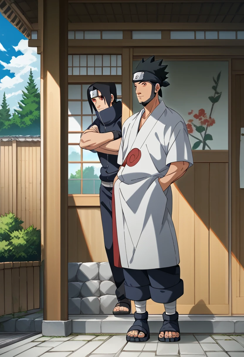 score_9 , score_8_up , score_7_up , score_6_up , best quality , tall_{{X}} , 8k , Anime Style , mature , Assuming , muscular body , From Naruto, Kakashi Hatake , itatchi uchiha, 日本のAnime Styleで, Joker as Naruto , Anime girl with , Uchiha Itachi, best anime character designs, kakashi, 高橋ヒロユキの配色, Singay, Naruto painting style ,handsome , charming , is manly , Japanese , amount , beard , Red Eyes , dark hair , short hair , show me her full body,One person、profile