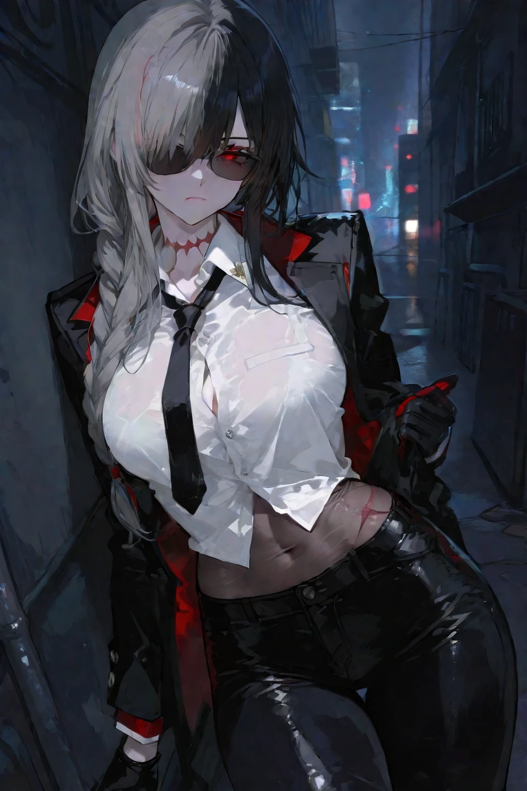 Masterpiece, Best quality, High quality,(Red eyes with dark red glow), (in profile), Abstraction, Deep Sea, Award-winning photography, Depth of field, HDR, Very detailed, Trending in art station, Trending in CGsociety, Complex, High detail,(Masterpiece: 1.2, highest quality), (Best lighting, very delicate and beautiful), (Best lighting, Very delicate and beautiful), (beautiful detailed face), (detailed eyes and detailed face:1.2), dark fantasy, (young girl, 1girl, solo, crazy smile, pale skin,G cup,cleavage,19 piercings,((tattoo all over body,tribal tattoo all over foot)) gray hair, red glowing eyes, dynamic angle, vampire), ((back art paint on the ground, pointy_ears, fangs, blood on face, blood rain, blood mist, (depth of field),high contrast,(blood splash:1.4),cowboy shot,full body, colorful poses,((Uniform,Blazer,Ruffled miniskirt,Light colored panties:1)),Cowboy shot,Denim jacket, really short clothes, visible pussy through pants , NSFW