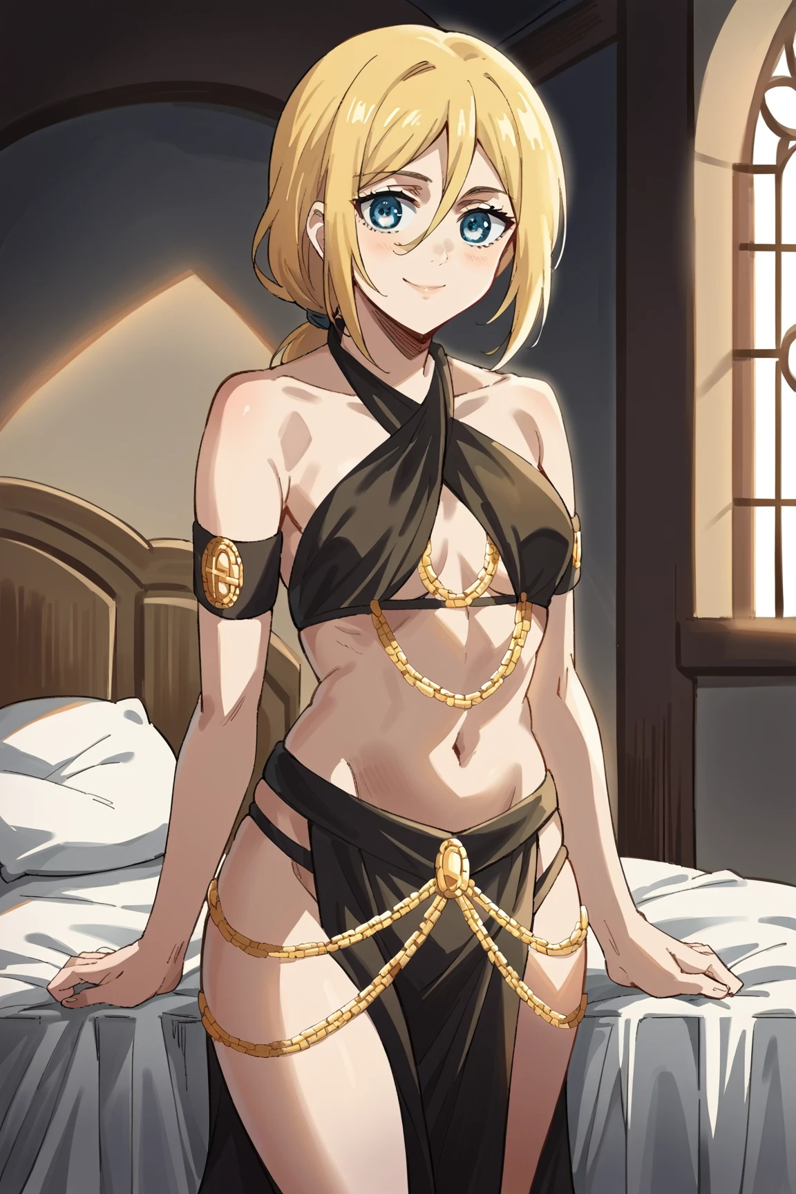Rio Momose,  lipstick, blush, masterpiece, best quality, highly detailed ,glint,halterneck,gold_choker, complex detailed background,
inside, stone wall, ancient interior, ancient egyptian room, hieroglyphs, dark lighting, dark
atmosphere, (cowboy shot), holding a sword, sword, belly_chain,harem_outfit,navel, necklace,
pelvic_curtain,revealing_clothes, veil，masterpiece,best quality,1girl,mature,evil smile, smile,
female,mature,necklace,pendant, (nsfw) not safe for work, exposed belly, exposed navel, exposed
midriff, exposed lower belly, navel piercing