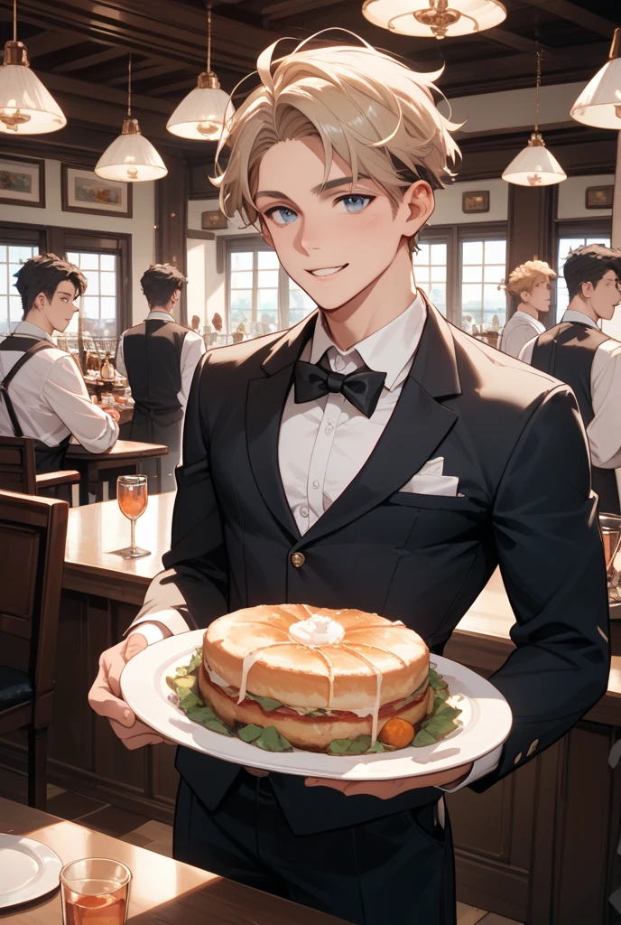 score_9, score_8_up, score_7_up, score_6_up, score_5_up, score_4_up, 1 male, chiseled face, tall, (black hair), short hair, crisp eyebrows, Get drunk, get flippant, smile, luxury suit, dinner, fine luxury watch, fine champagne in hand, Exclusive clubs, VIP rooms, leather sofas, chandeliers, fine champagne, fine food,At other tables, people in glamorous attire were chatting happily