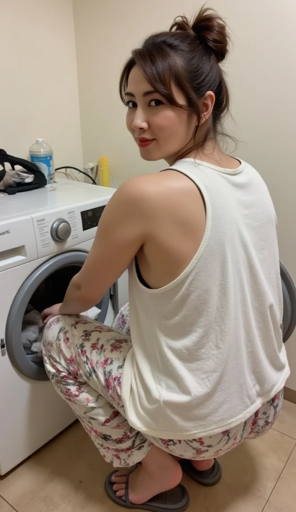The back of today&#39;s house. A picture taken with the upper body turned around while trying to take out items from the shelf in front of the clothes hanger and washing machine in the utility room.(Olympics) A 43-year-old Korean woman with a perfect body and perfect face wearing a ribbon pin. On the shelves are crowded shelves with household items, detergents, fabric softeners, and towels. She is naked, the size of an apron, and her breasts are slightly visible.