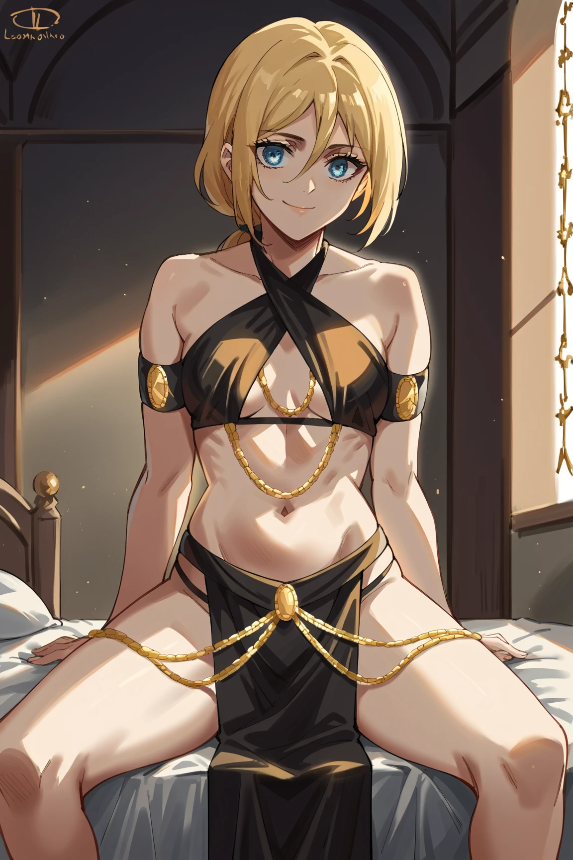 woman around twenty years old, with short blonde hair and delicate features, giving her a cat-like appearance , on bed , blushing