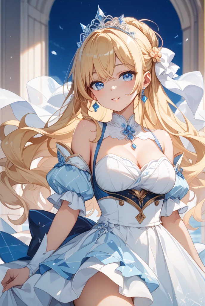 score_9, score_8_up, score_7_up, source_anime,animestyle, (2D illustration, 8k CG :1.3),(colorful),(a aristocratic girl,18-year-old),(is standing,Wearing white french traditional dress),smile, blush,(Middle breast),(Bronde Hair, blue eyes) ,cowboyshot ,in the bedroom
