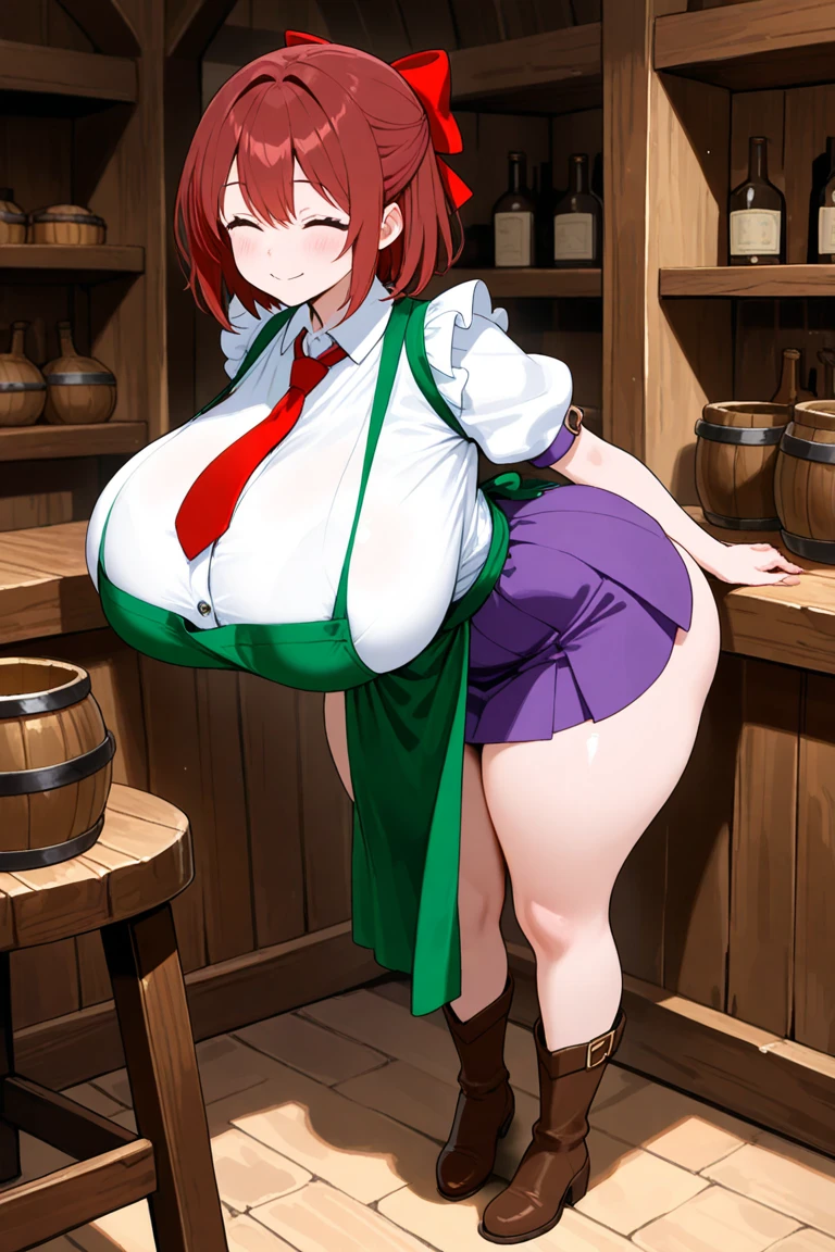 masterpiece, best quality, (NSFW:0.8),nishikino maki , purple eyes, large breasts, skin tight, (pointy ears:1.000), (fishnet legwear:0.999), (elf:0.982), (boots:0.907), (skirt:0.880), (pantyhose:0.565), Purple blouse, standing, Cleavage, Bar, smile, closed mouth