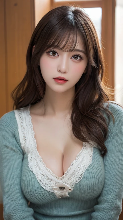 masutepiece, Best Quality, Illustration, Ultra-detailed, finely detail, hight resolution, 8K Wallpaper, Perfect dynamic composition, Beautiful detailed eyes,  Natural Lip, Dark blue knitted dress , Big breasts, cleavage, Cross legs