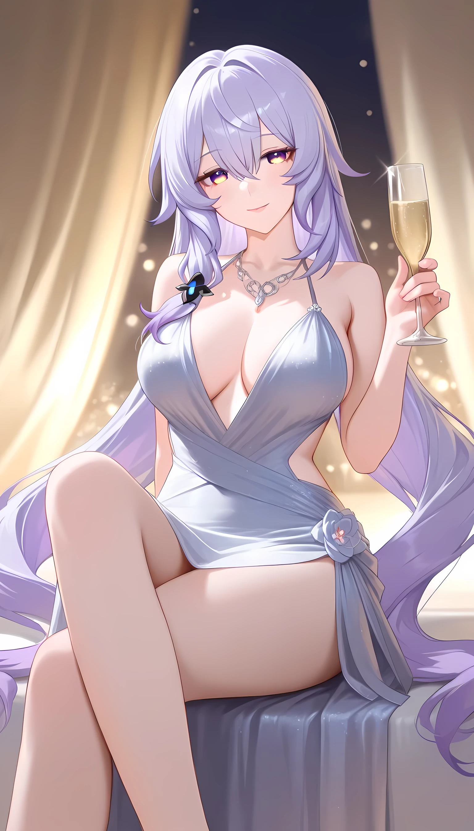 Girl with long purple hair. Purple eyes. Girl in a cocktail dress. Elegant girl. Great Gatsby Party. Elite party. Dear Hall. The Big Banquet. point. ball gown. Graceful girl