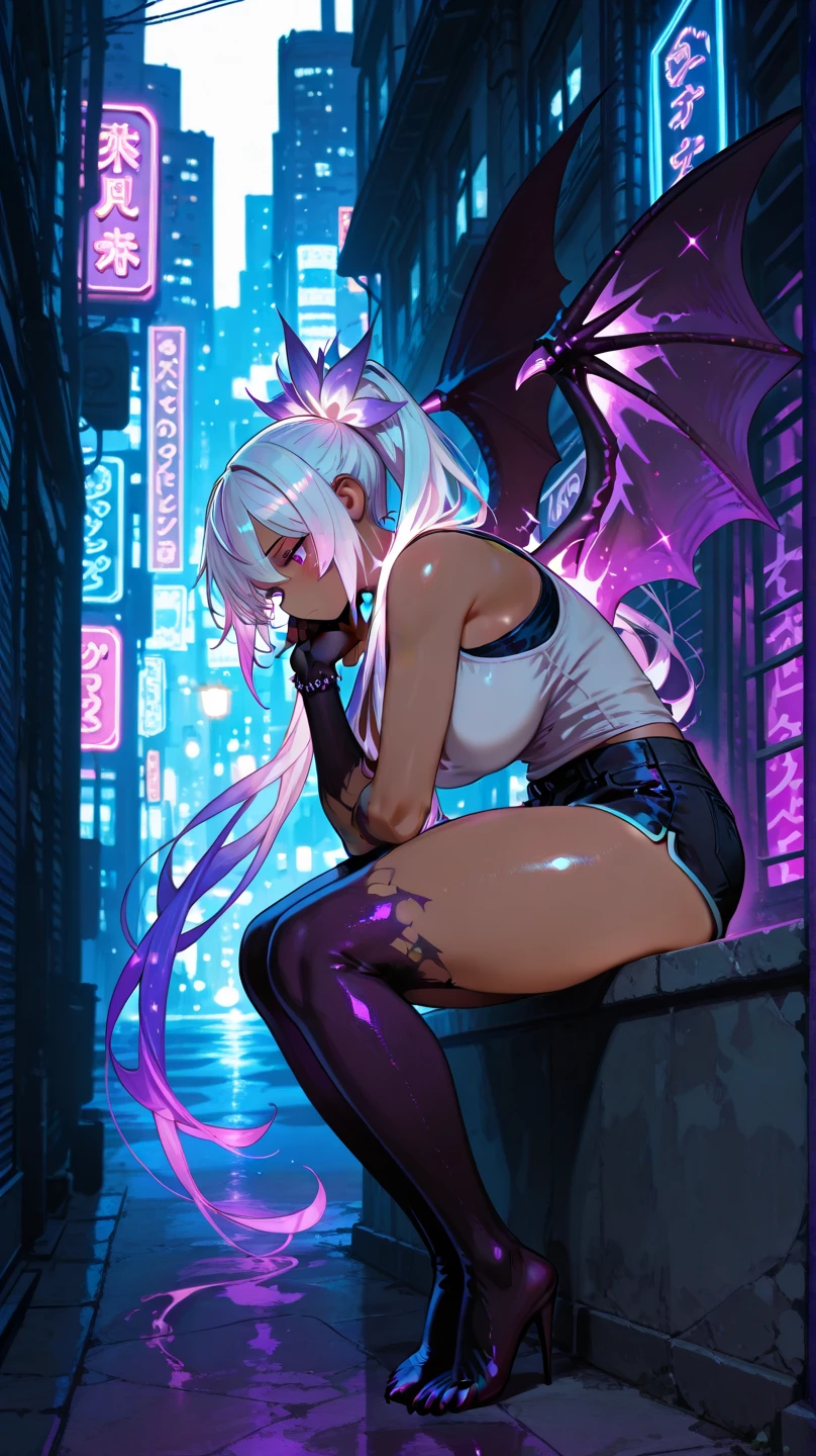 1girl, adult woman, succubus, demon girl, black horns, colored skin, red skin, deep red skin, squatting, blusing, naked, oiled body, wet body, white wings, angel wings, feather wings, black sclera:1.1, silver hair, pixiecut hair, tail, demon tail:1.3, heart-tipped tail, ((masterpiece)), (best quality), 8k, ultra-detailed, absurdress, best quality, intricate details, chromatic aberration, 1girl, long hair, black hair, messy hair, red highlights, hair over one eye, red eyes, sharp eyes,angel, halo over head, angel wings, against wall, brick wall, graffiti, (glowing graffiti:1.2), (glowing tattoos1.1), glow, neon lights, (blacklight:1.4), --auto --s2