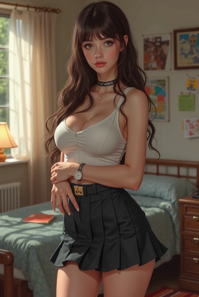 there is a woman in a pink skirt and white shirt sitting on a bed, tease, angelawhite, sitting on her bed, pretty face with arms and legs, full length and white stockings, sitting in her room, webcam footage, in her room, sitting on the bed, , sitting on a bed, highly realistic. live cam, the woman holds more toys