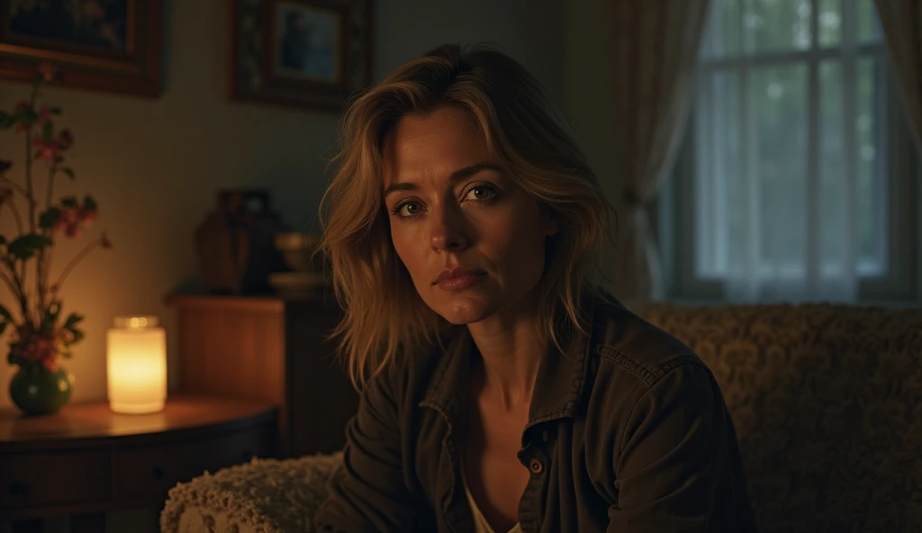 (8k, RAW Photos, Realistic:1.5), (Elderly woman:1.3), Brunette, 50 years old, Facial wrinkles,(big bright green eyes:1.2), Dark blonde hair, Chanel Hair, Shoulder-length hair, (Small breasts: 1.5), Thin knit long coat、sit in a brown leather armchair, living room, Look outward, a sunny day,Volumetric Light, Sparkling dust floating in the air, Cowboy Shot、Beautiful western lady