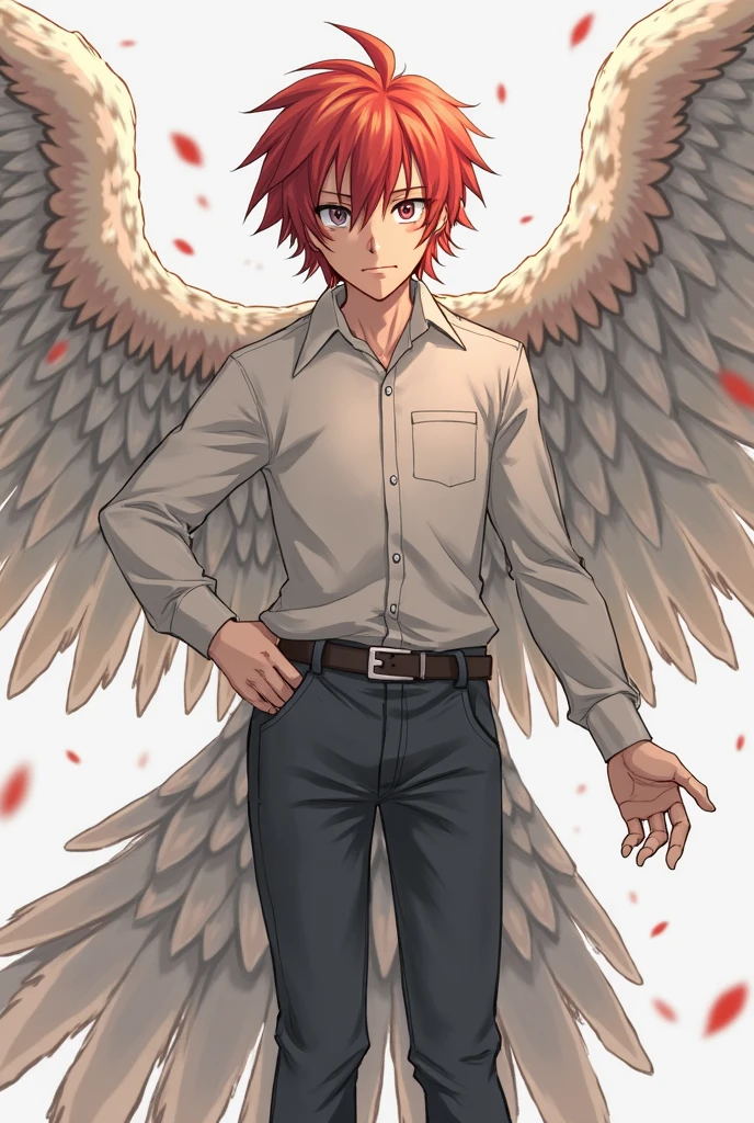 1boy, solo, male focus, facial hair, beard, parted bangs, red hair, grey eyes, cat ears, animal ears, animal ear fluff, long hair, shirt, long sleeves, jewelry, closed mouth, full body, earrings, wings, white wings, feathered wings, barefoot, collared shirt, necktie, shorts, black nails, nail polish, black shirt, short shorts, bare legs, feet, toes, piercing, squatting, denim, red necktie, ear piercing, toenails, denim shorts, outdoors, looking at viewer