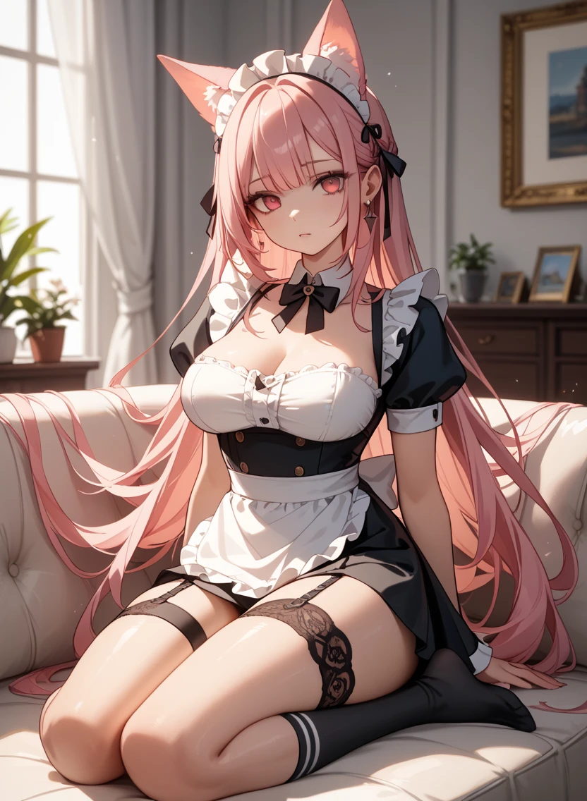 charismatic young influencer, 27 years old, with geourgus pink hair, 40 breast size, laying next to her cat, capturing
natural light and shadows