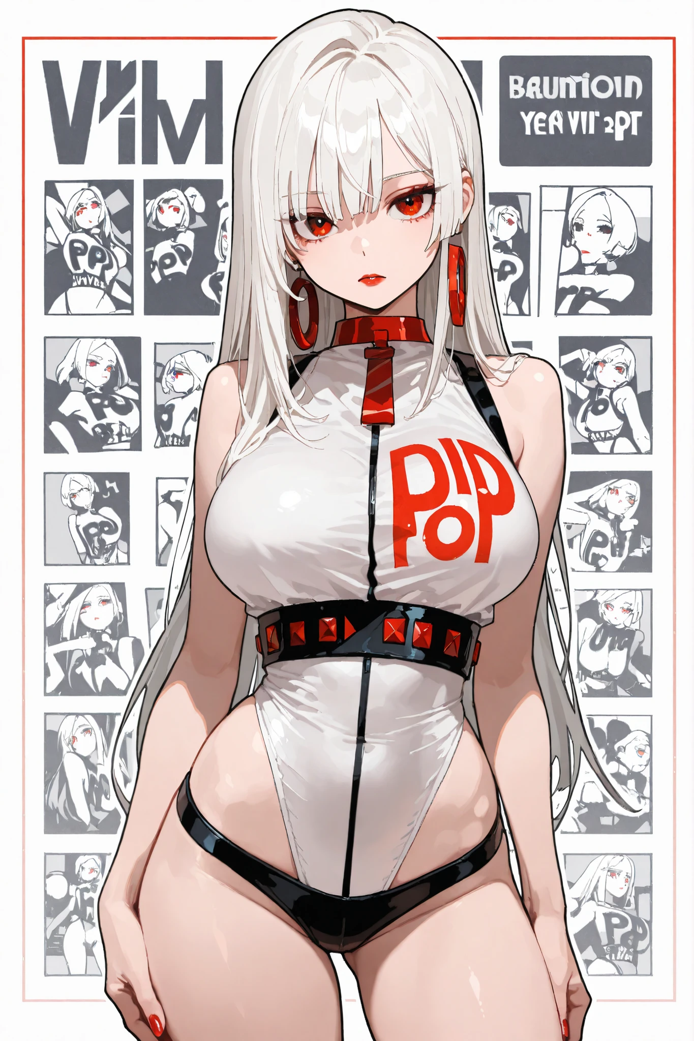 (masterpiece, best quality, 4K, ultra-detailed), beautiful 20-year-old girl, long white hair, large breasts, wearing a city pop-inspired outfit with vivid red accents, red lipstick, red nails, emotionless expression, standing pose, looking straight ahead, geometric pop art background