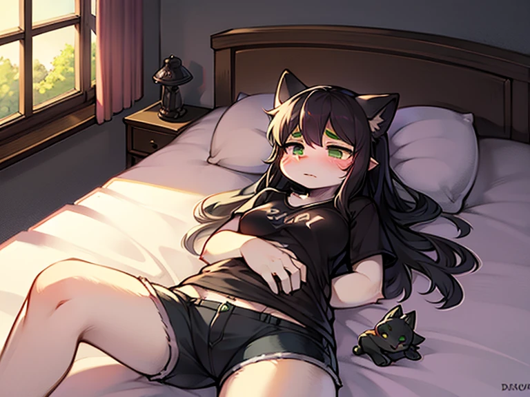 She was wearing only a large black T-shirt and no bottoms.、Elf Girl、Age is 8 years old、Medium-long black hair、Grey Eyes、Lying in a dark bedroom、Crying expression