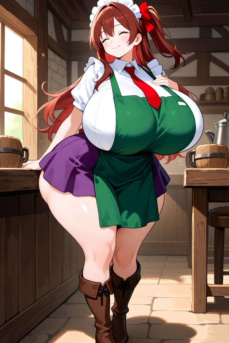 1girl in, nami, orange long hair, Green bow tie, (bare chested:1.2), (Green Apron), cleavage of the breast, Cafe Background, Ecstatic smile, (red blush:1.1),White tights, brown eyes,semi naked, ((naked)), (((accurate anatomy))), ((wide hips)), (((Huge breasts))), ((long legs)), ((Female Bodybuilder)), ((((Muscular Legs)))), ((((Huge Muscles))))