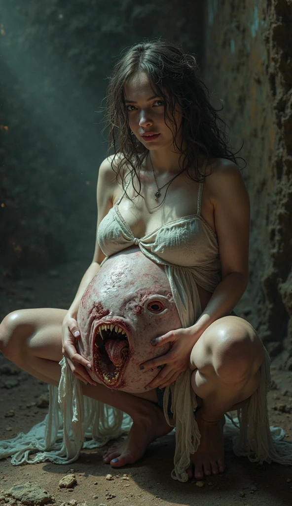 A two giant keeping their both mouth on a pregnant woman no chest clothes and a demon keeping it's hands on her belly and both are in the bed