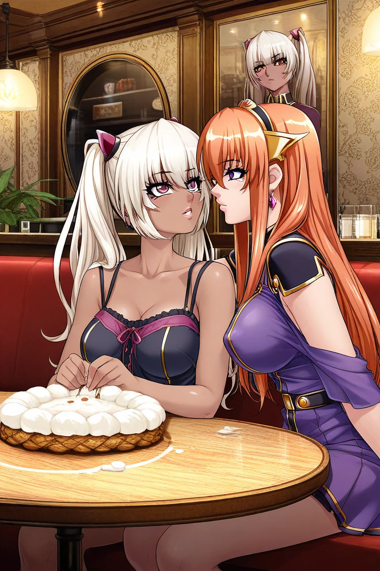 (masterpiece:1.2),(Highest quality),(Very detailed),(High resolution),8k,wallpaper, semi-realistic, anime realistic, long hair, make up, (Perfect Eyes), Earrings , Long eyelashes , Maya Cordelia, long hair, orange hair, violet eyes, BREAK, 2 girls, Kila Kushan, dark-skinned female, long hair, white hair, twintails, indoors, restaurant, chairs, sitting, table, eye contact, short dress, jewelery, make up, mascara, eye contact,