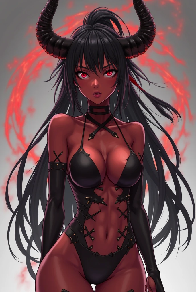 (Dark fantasy art), knee-length portrait, beautiful demon girl, ((dark black skin)), ((black skin)), orange eyes, orange sclera, dark gray hair, long hair, long bangs, ((hair covers the eyes)), bandaged arms, bandaged neck, many gray bandages, (less clothing), open clothing, highly detailed art, dark fantasy art