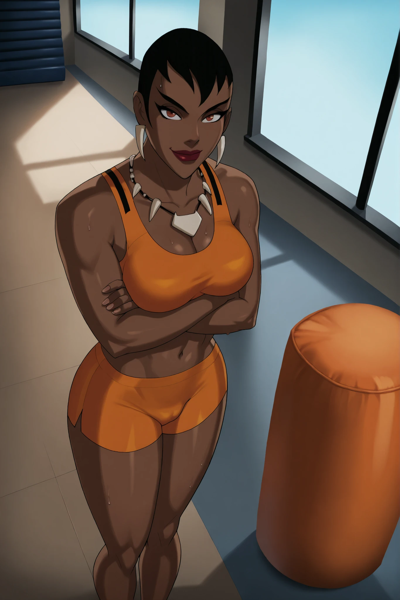 ((ultra quality)), ((masterpiece)), Lois Lane, ((black short hair tomboy hairstyle)), (Beautiful face), (beautiful female lips), (), charming, ((sexy facial expression)), (Dark skin color), (dark skin), glare on the body, ((detailed beautiful female eyes)), ((dark brown eyes)), (juicy female lips), (dark eyeliner), (beautiful female hands), ((ideal female figure)), ideal female body, beautiful waist, gorgeous thighs, beautiful medium breasts, ((subtle and beautiful)), sexy worth (), (one-piece swimsuit) background: bikini, ((depth of field)), ((high quality clear image)), (clear details), ((high detail)), realistically, professional photo session
