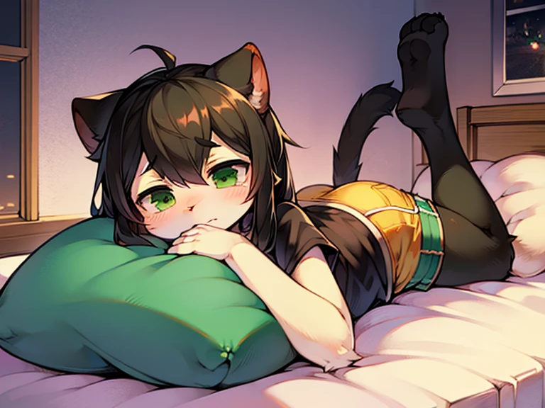 Highest quality,High resolution,1People Girl,whole body,fine,smile,looking at the camera,Bedroom,Dazzling lighting,ponytail,Black Hair,Yellow-green eyes,Sailor Leotard,beautiful girl,Cat ears on the head,Cat tail on waist,smile,be happy,