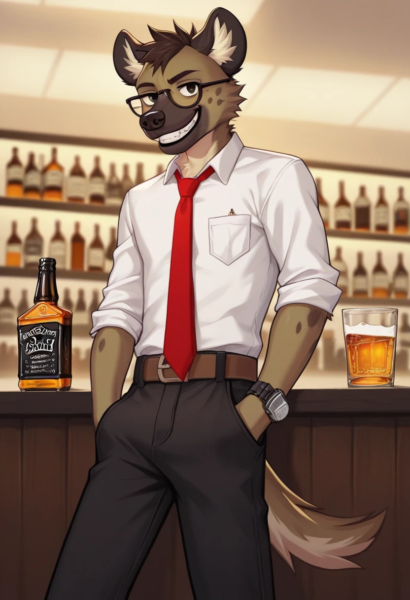 anthro, Husky wolf, Dark, cream-colored fur, wearing a shirt and pants with suspenders, in a bar in New Orleans, drinking Whiskey, smoking a cigar, By mystikfox61