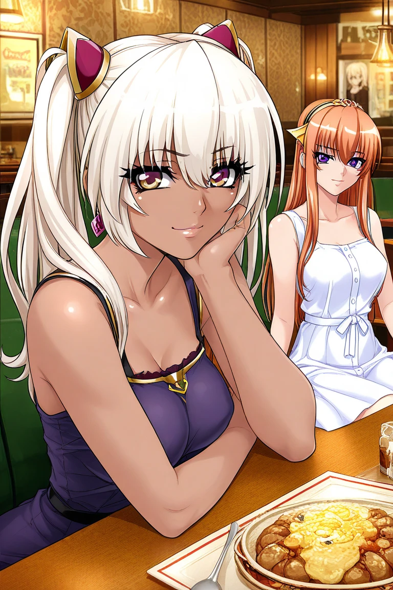 (masterpiece:1.2),(Highest quality),(Very detailed),(High resolution),8k,wallpaper, semi-realistic, anime realistic, long hair, make up, (Perfect Eyes), Earrings , Long eyelashes , Maya Cordelia, long hair, orange hair, violet eyes, BREAK, 2 girls, Kila Kushan, dark-skinned female, long hair, white hair, twintails, indoors, restaurant, chairs, sitting, table, looking to viewer, smile, white short dress, jewelery, make up, mascara,