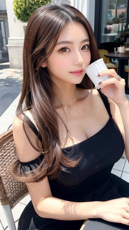 Highest quality、RAW Photos、Tabletop、Super detailed、Ultra-high resolution、Realistic、Full Body Shot、Inside the cafe、Cafe staff、Put coffee on the tray、apron、Very detailed and beautiful、Highly detailed beautiful girls、Highly detailed face、Highly detailed eyes、Highly detailed nose、Highly detailed skin、(cute女の子、alone)、20-year-old:1.2、cute、Perfect Skin、the body is slim、Brown long hair、See-through bangs、smile、cute、Delicate eyes、Source order、positive、Medium chest、Perfect round breasts、Perfect body、Anatomically correct