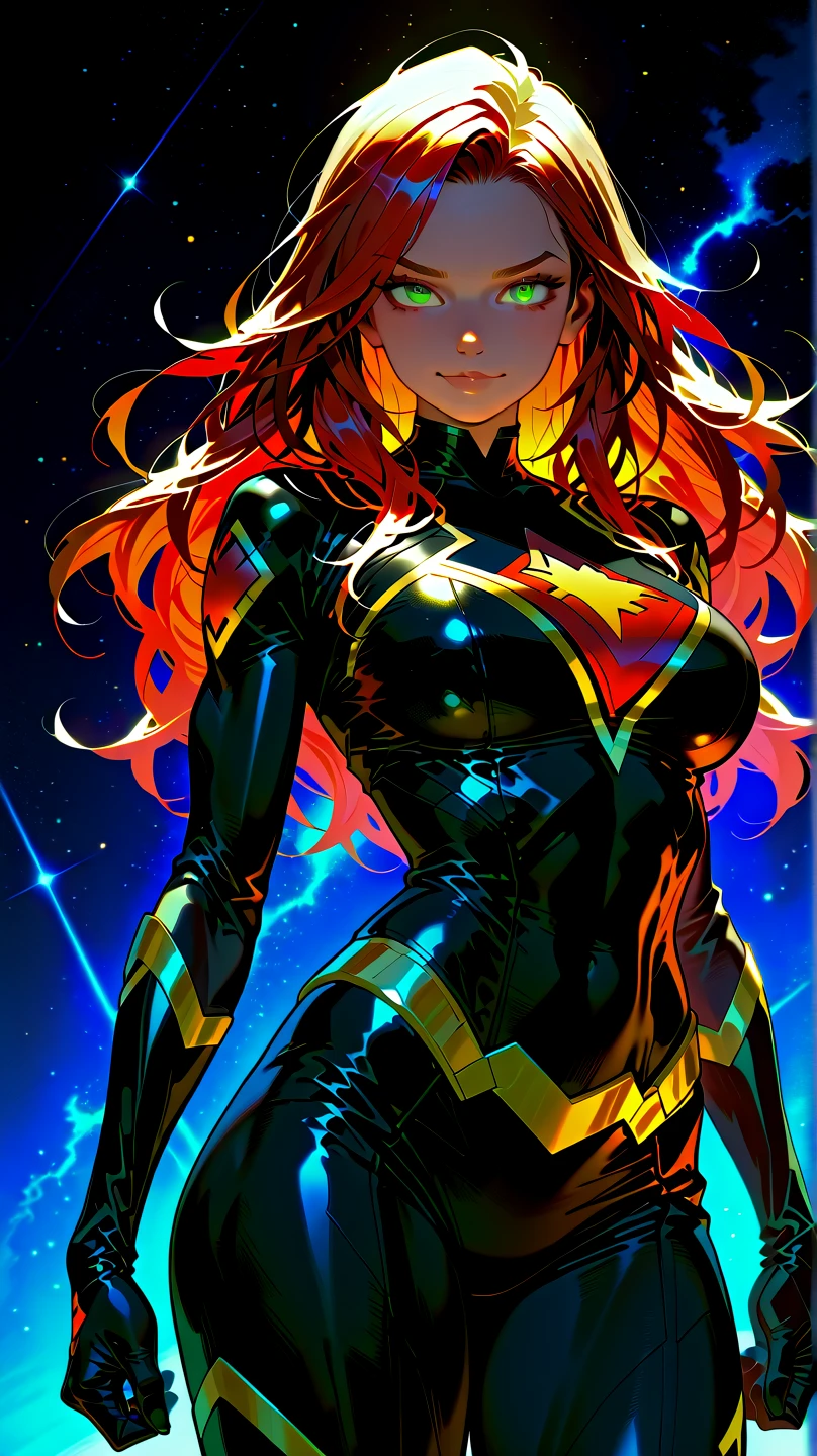 ((Best quality)), ((masterpiece)), (detailed: 1.4), (Absurd), Gynoid, (((action pose))), shiny skin, perfect body, defined muscles, half-thick bare thighs, mouth closed, only in panties, (((include stars all over the outfit))), muscular body covered by clothing Very dark blue and orange yellow with nebula effect, Genesis evangelion neon style, cyberpunk, generous neckline, ((perfect medium breasts)), (well-outlined eyes without pupils), ((long and very black eyelashes)), (((yellow and dark blue clothing))), (((brown hair with locks))), (((rot rod flames covering breasts)))), (Cosmic tattoo on the arms), short underwear, garter belt, by mucha, niji --V5, close to real, psychopathic, crazy face, sexy pose, 2 piece clothing, pastel, centered, scale to fit the dimensions, HDR (High Dynamic Range), Ray Tracing,NVIDIA RTX,Super-Resolution,Unreal 5,Subsurface Dispersion, PBR Texture, Post-processing, Anisotropic Filtering, Depth of field, Maximum clarity and sharpness, Multilayer textures, Albedo and specular maps, Surface shading, Accurate simulation of light-material interaction, Perfect proportions, Octane Render, Two-tone lighting, Wide aperture, Low ISO, White balance, Rule of thirds, 8K RAW