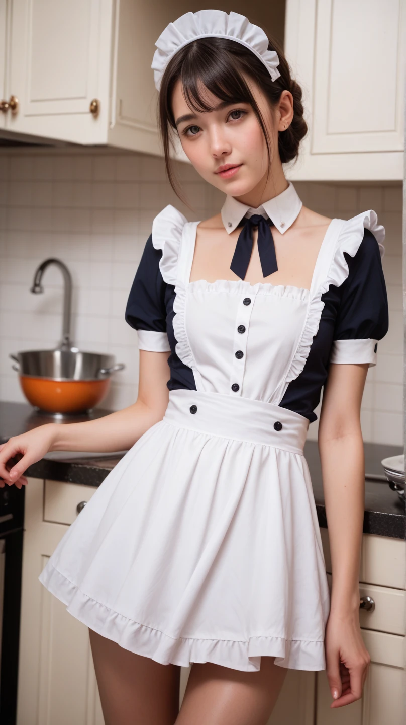Photos of th3r0ck as a playful maid,1girll,Silver hair,blue color eyes,tiny mouth,aprons,amazing body,pronounced feminine features,plumw,kitchens,holding knives,Flirt with the camera