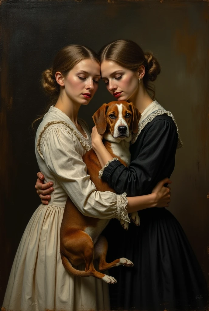 A Danish girl in a red dress hugs her pet dog Teddy, happy expression, detailed portrait, real, strong texture, medium shot, half body shot, glare background, realistic painting