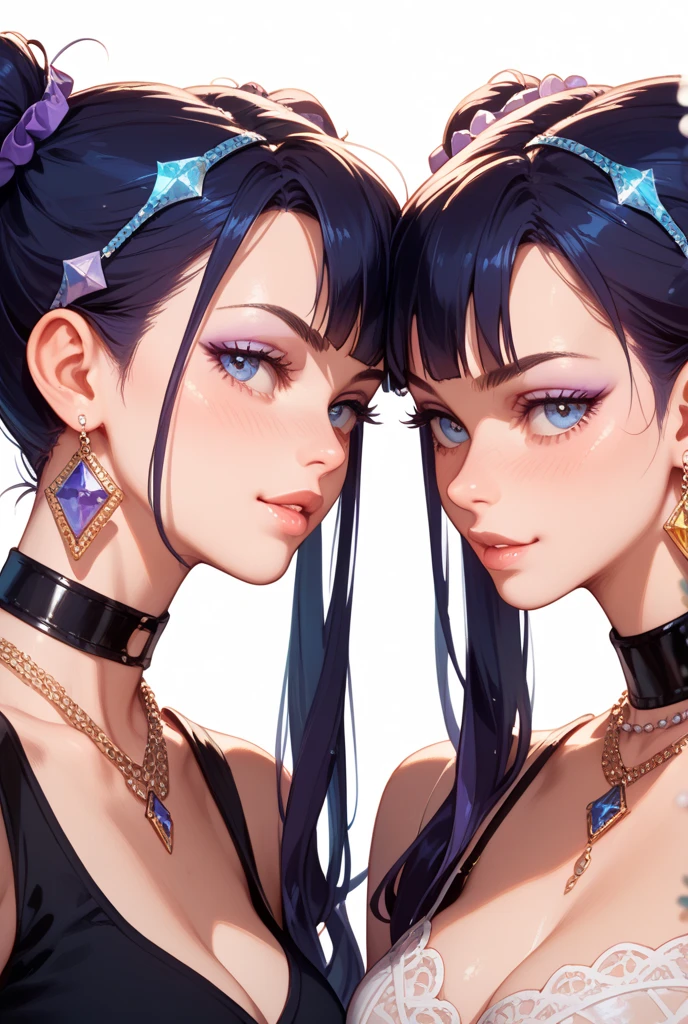 Anime - style illustration of two women kissing in a café, Japan goddess,Beautiful and moving,two women in dresses standing next to each other in front of a tv, pov, two girls, annoying sister vibes, lesbians, cute girls, gen z, looking this way, pov shot, two models in the frame, sisters, hd, they are very serious, lesbian, multiple, 2 sisters look into the mirror, serious faces, photo shoot, kissing each other in mouth, tongue, saliva, smirking lustful smile, girlfriends kiss, love, steam