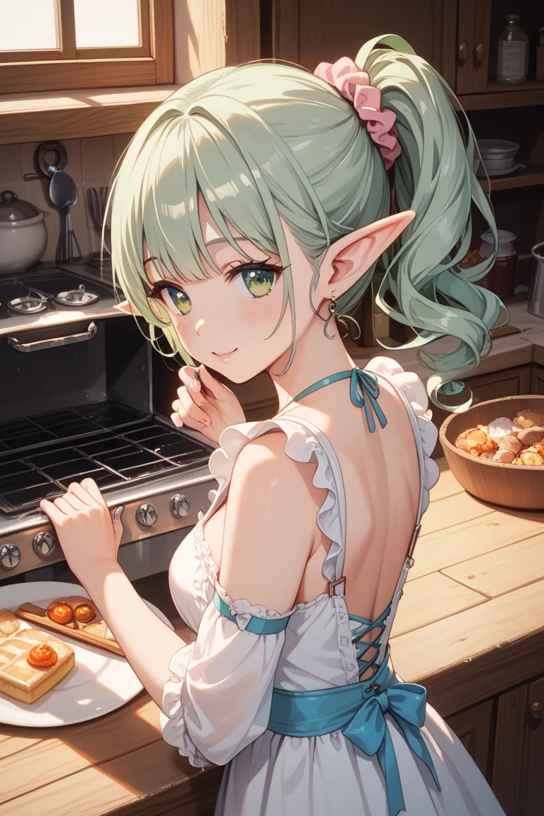 masterpiece, one woman, detailed face, Solo, Dynamic Pose, soft Smile, Cinematic Lighting, Best Quality, 8k, 32k,1 Girl, (green hair)+(bob cut hair), (Heterochromia)+(Golden eyes)+(Blue eyes), (breasts:1.6), elf ears, hair ornament, kitchen apron