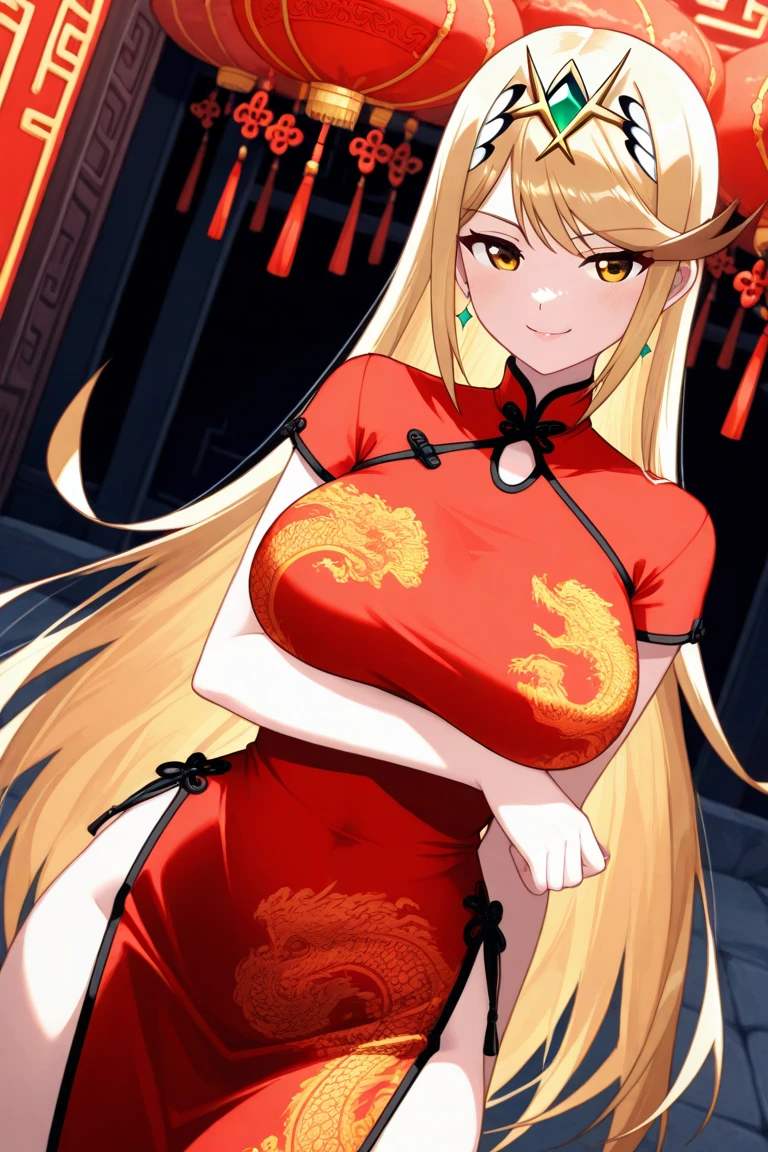 1girl, red eyes, gloves, solo,large breasts,cleavage,china dress,red dress,lace trim, black thighhighs,blonde hair,wavy hair,bad-girl,((mature female))
