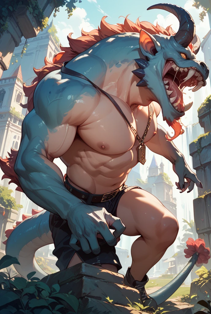 solo, breath (ultra detailed), a beautiful and detailed full size portrait of a male anthro batzz, demon lord dragon batzz, dragon tail, green eyes, glowing eyes, black body, black skin, long hair, red hair, horns, scar, tail, bedroom eyes, detailed eyes, big body, sexy body, (wide body). goddess, kenket, Ross Tran,ruan jia, trending on artstation,foxovh, cenematic lighting, buff, big pecs, muscular anthro, spike arms, strong legs, ((big pecs, nipples, big pecs, blue shorts, bulge))), day, wet, front view, standing, seductive, holding crotch, visible feets, open mouth, ruins, against wall, sweating,