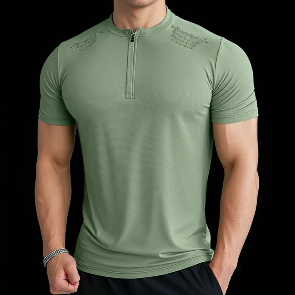 A male model with muscles and wearing over size t-shirt in green colour